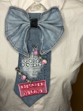 Denim Bow Tie Neck Accent with Pink 'BRUH MOM' Patch